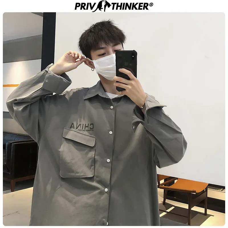 Privathinker Осенняя хлопковая рубашка с длинными рукавами, Мужская Корейская Свободная рубашка с коллажем, Мужская Уличная модная одежда с принтом