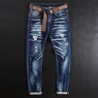 american street style fashion men jeans retro blue elastic slim ripped jeans men painted designer hip hop splashed denim pants