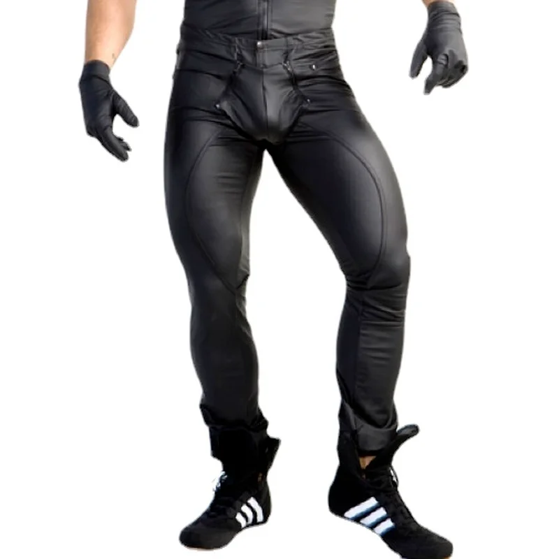 

Sexy Men Faux Leather Zipper Open Crotch Erotic Latex Pants PU Night Club Men Straps Trousers Gothic Punk Fetish Club Wear