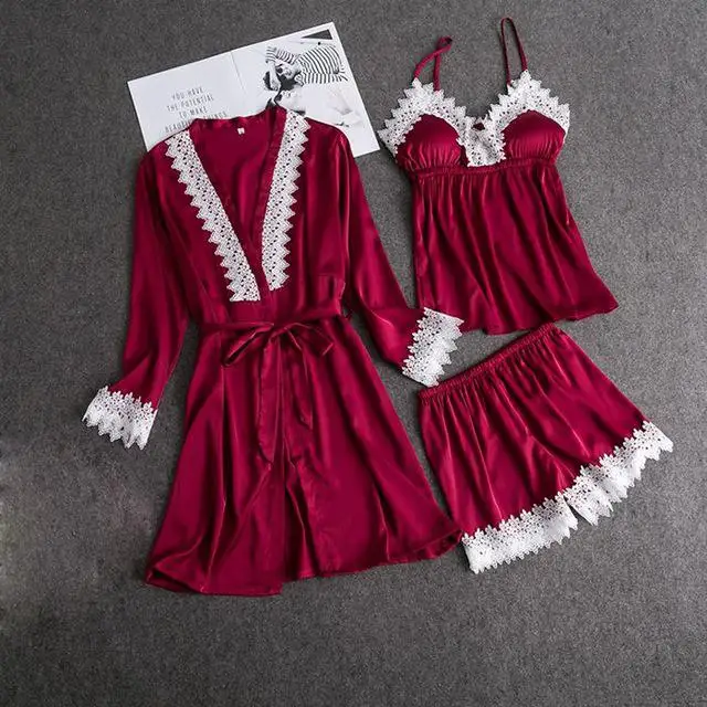 Claret 3PCS Женское сексуальное кружевное кимоно, халат, атласное однотонное платье для свадьбы, невесты, подружек невесты, ночная рубашка, кружевное вискозное Женское ночное белье, пижама - Цвет: Claret 3PCS