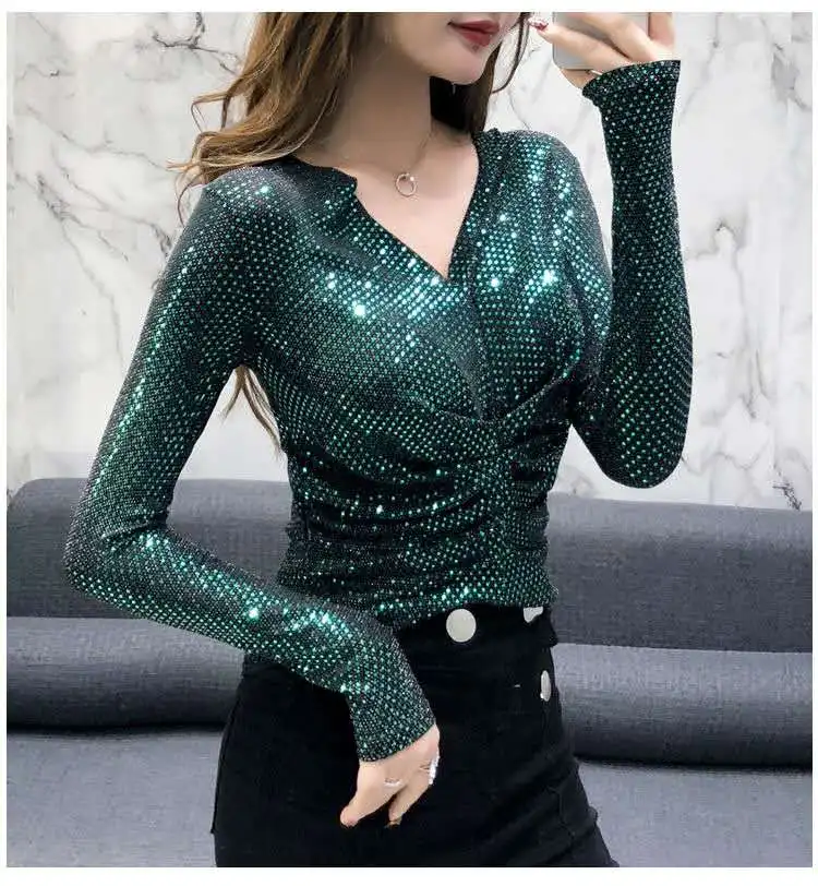 Корейская Осенняя Блестящая футболка с V-образным вырезом и бусинами женская
