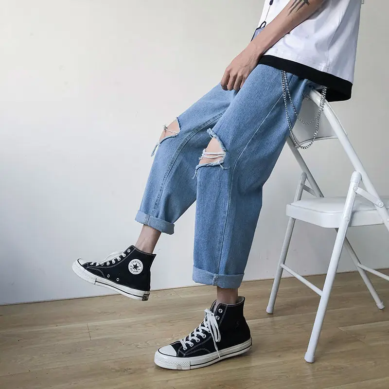 

Men Jeans Ankle-length Hole Loose Ripped Straight Fashion All-match Trousers Stylish Street-wear Korean-style Mens Leisure Chic
