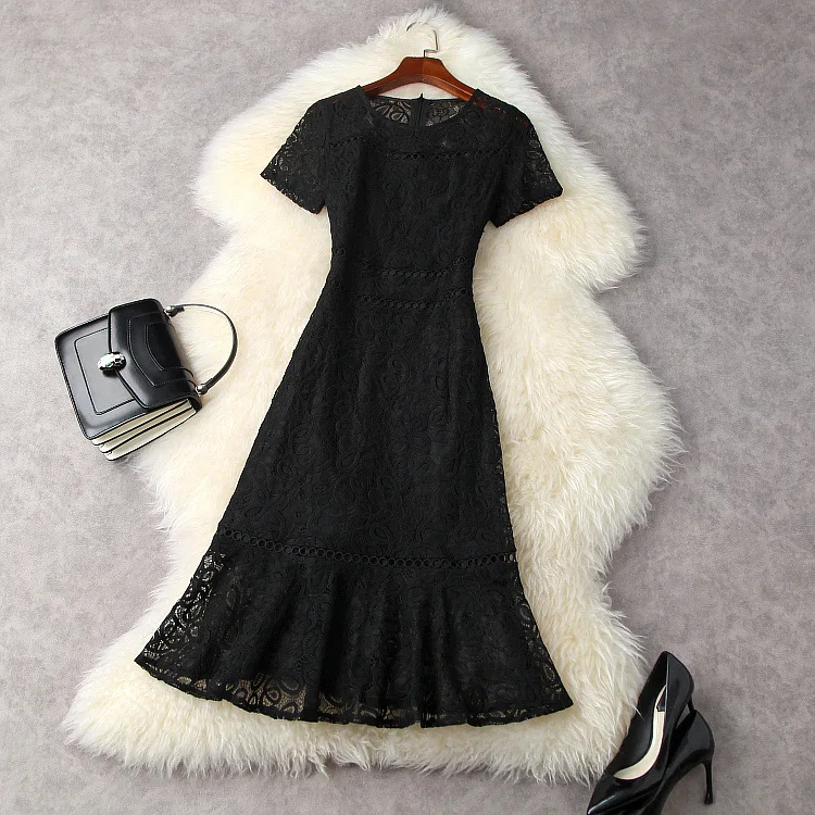 

European and American women's wear for summer 2021 Hollow round neckline with short sleeves Fashionable black fishtail dress