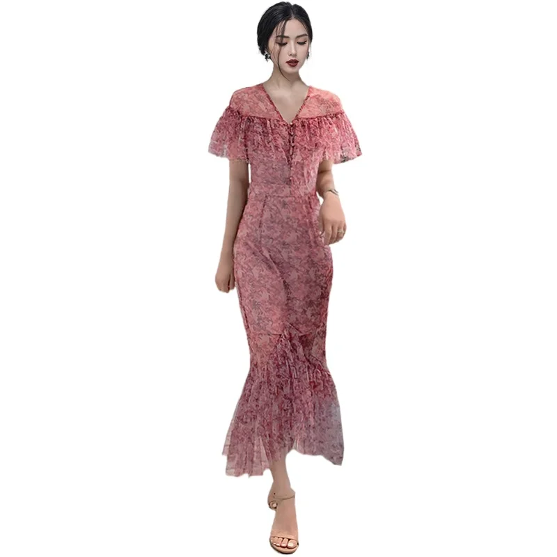 

French Elegant Style Print Floral Mermaid Dress Women Casual Short Sleeve Ruffle Party Dress Ladies 2021 New Summer