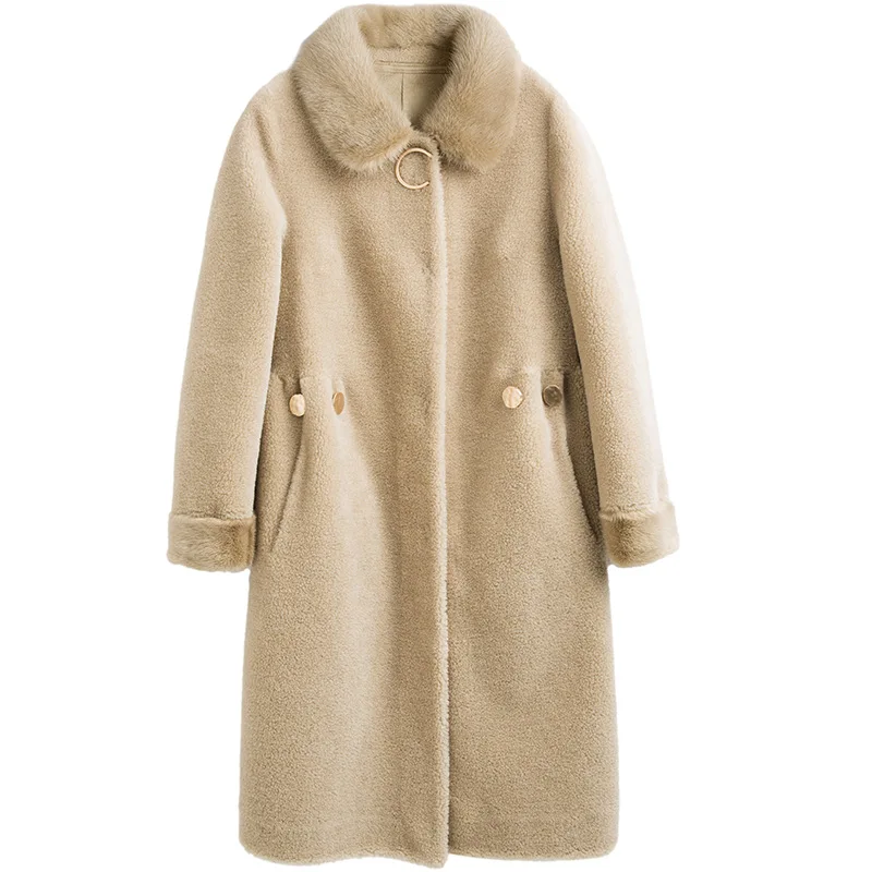 Natural Real Sheep Fur Coat Winter Women Mink Fur Collar Outerwear Long Wool Overcoats Camel Office Lady Warm Female Jackets
