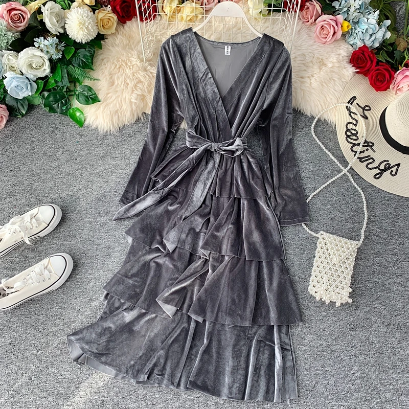 SINGRAIN Winter Women Long Velour Dress Autumn Midi Cake Elegant Party Club Warm Dresses Solid Vintage Tiered Velvet | Женская одежда