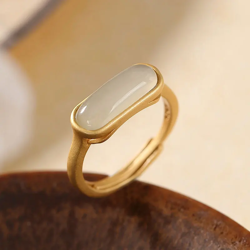 

Sterling Silver Gold-plated Hetian Jade Women Ring Fashion Korean Personality Temperament Ladies Open Ring Fine Jewelry K0009