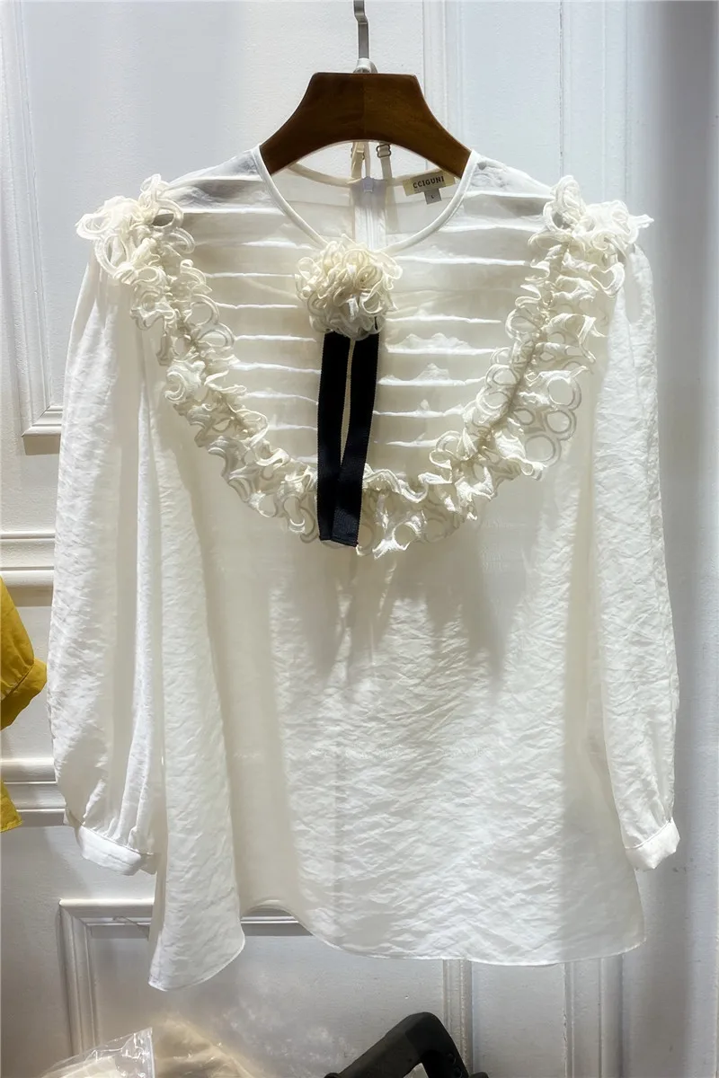 

True silk cotton palace flower bud silk round collar shirt 2021 new female two-piece pure color blouse