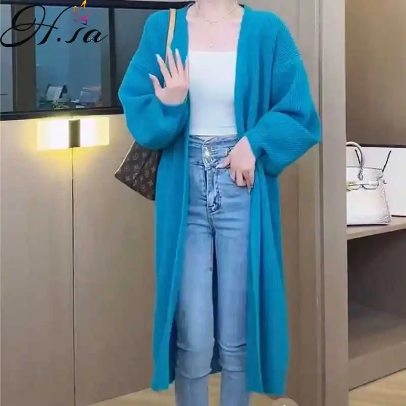 

Hsa Korean Style Retro Cardigan Sweater Women's Autumn Winter Solid Sweater Coat Long Knit Jacket Oversized Long Knitted Coat