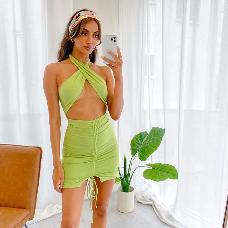 

Women Sexy Green Dress Summer 2021 Fashion Club Outfit Streetwear Summer Clothes for Women Party Robe Ladies Mini Halter Dresses