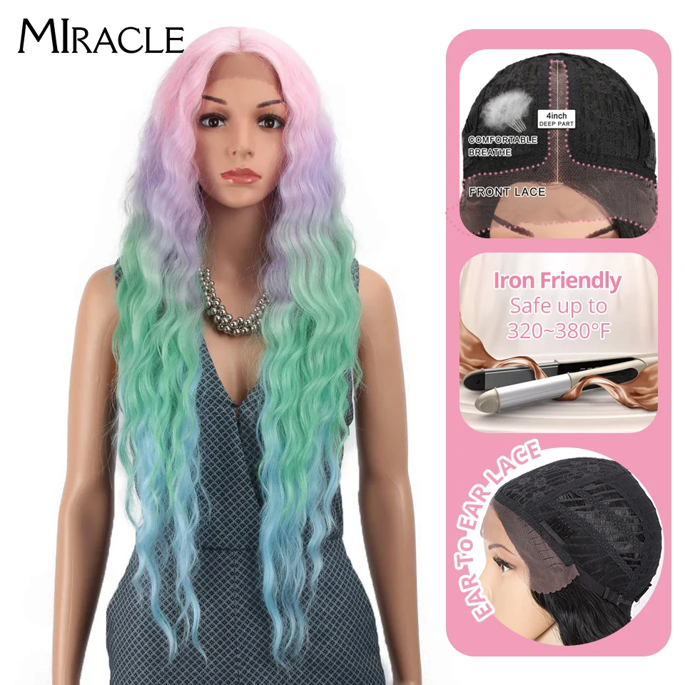 

Miracle 30" Long Hair Platinum Blonde Wig Wavy Middle Deep Part Ombre High Temperature Fiber Synthetic Lace Front Wig For Women