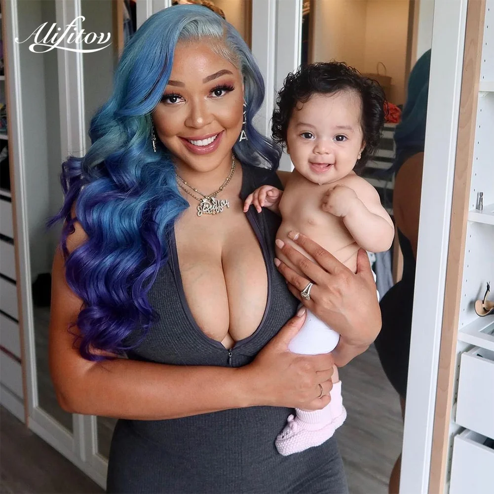 

ALIFITOV Ombre Blue Lace Front Wigs Body Wave Wig Pre-Plucked Remy Hair Human Hair Wigs with Baby Hair For Women