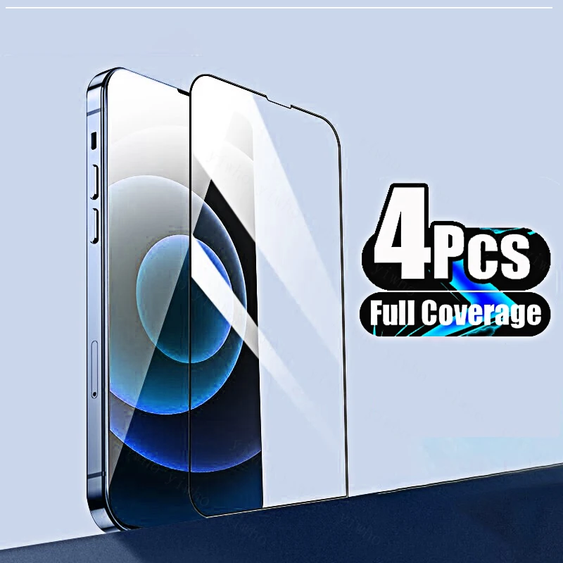 

4Pcs Full Cover Protective Tempered Glass on For IPhone 13 Pro Max 11 12Mini Glass Screen Protector for IPhone X XS MAX XR Glass
