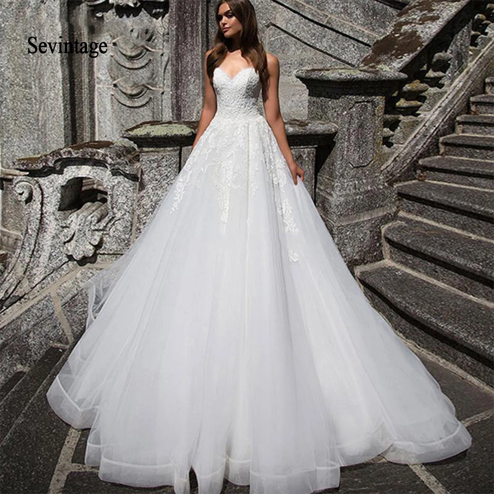 

Sevintage Princess Sweetheart Ball Gown Wedding Dresses 2020 Lace Applique Chapel Train Plus Size Formal Bridal Gowns Applique
