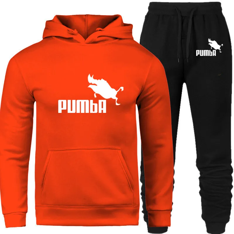PUMBA, новая мода, мужские толстовки, костюмы, брендовый спортивный костюм для мужчин/женщин, толстовки+ спортивные штаны, Осень-зима, флисовый пуловер с капюшоном - Цвет: orange