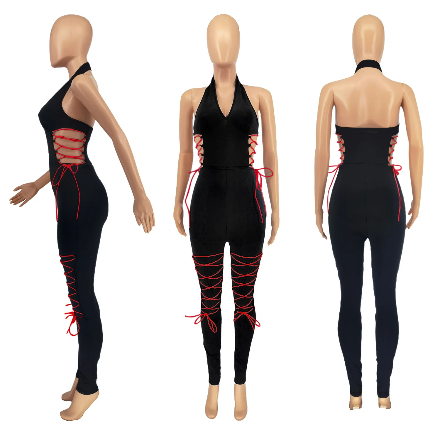 

Sexy Solid Hollow Out Lace Up Jumpsuit Halter Sleeveless Backless Side Cut Romper Night Club One Piece Bodycon Streetwear Summer