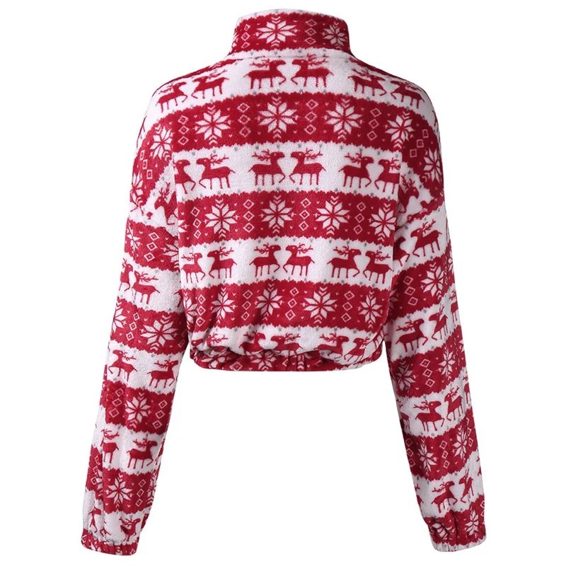 

Women Christmas Deer Print Top Plush Lapel Loose Long-Sleeved Zipper Casual Loose Pullover Crop Tops