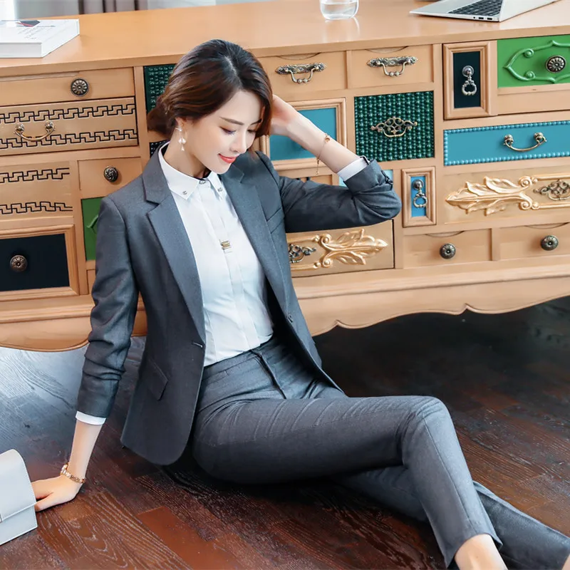 IZICFLY Spring Autumn New Womens Suits Blazer With Pants Two Piece Set Work Wear Elegant Business Office Uniform Style Gray