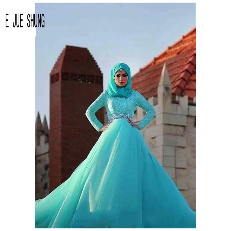 

E JUE SHUNG High Neck Long Sleeve Lace Wedding Dress Light Blue Cerstal Sash Muslim Bridal Gown Vestido De Noiva