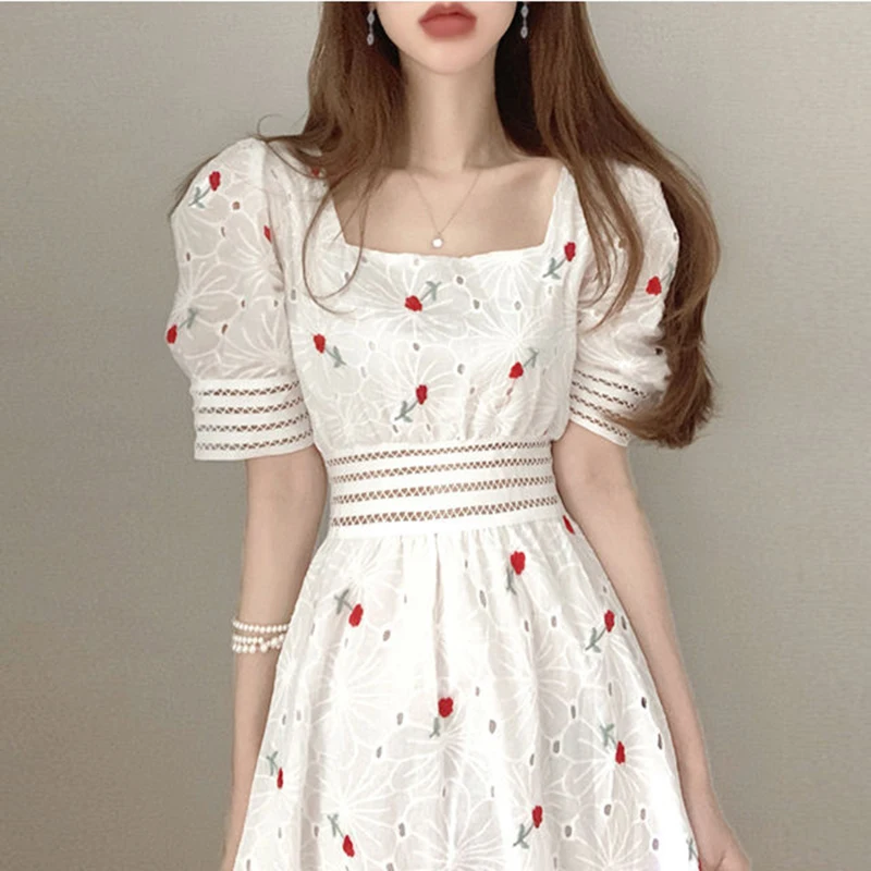 

Summer Dress Puff Sleeve Embroidery Flower Vintage Elegant Dress Woman Boho Long Square Neck Dresses For Women Party 2021 Korean