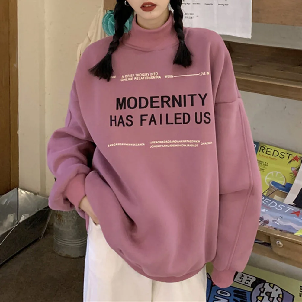 

Hoodie High Neck Women Solid Color 2020 Pullover Fashion Hoodless Loose Autumn Street Wear All Match Sweatshirt Letter Thick