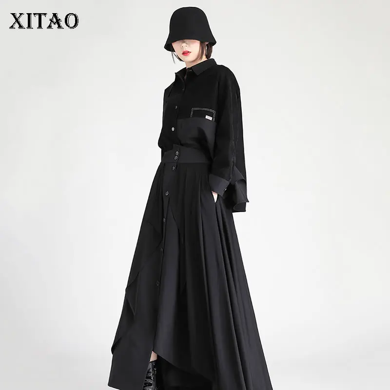 

XITAO Patchwork Shirt Turn-down Collar Full Sleeve Single Breasted Pocket Asymmetrical Casual All-match Women New Autumn JL0128
