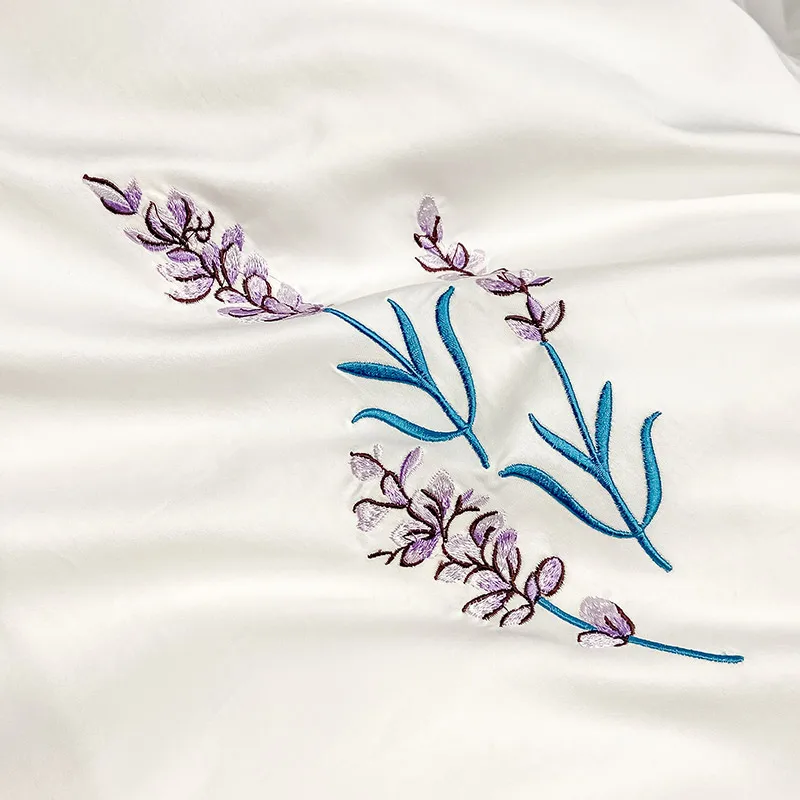 

New Luxury White Purple Splice 600TC Egyptian Cotton Lavender Flowers Embroidery Bedding Set Duvet Cover Bed Sheet Pillowcases