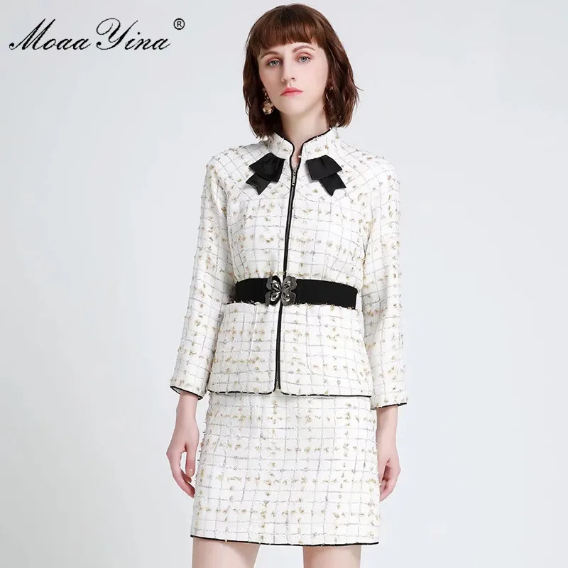 MoaaYina Fashion Designer Runway Suit Spring Women Long sleeve Plaid Elegant Tops+Short skirt high quality Two-piece set | Женская