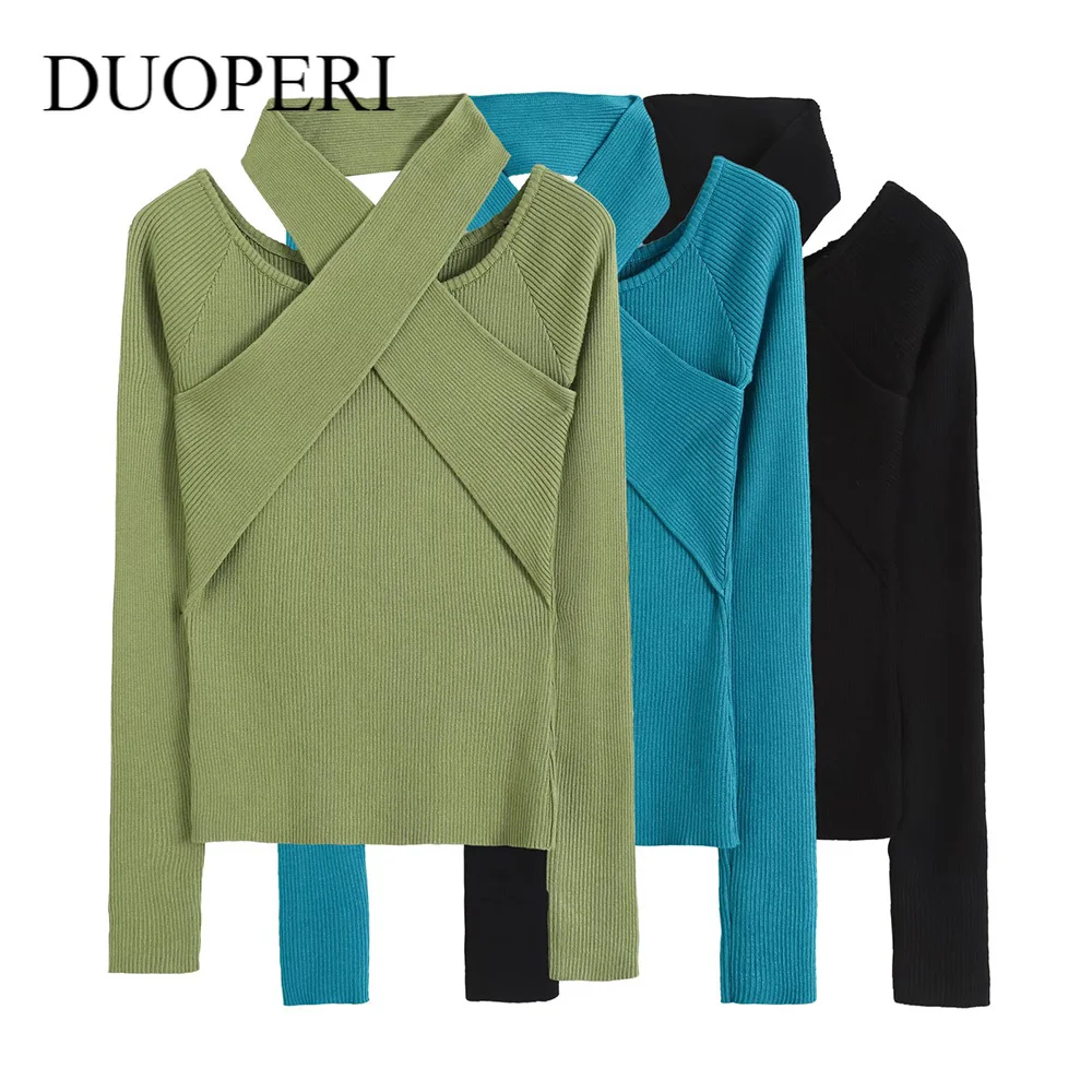 

Женский винтажный трикотажный топ DUOPERI с воротником хомутом и длинными рукавами, шикарный Женский Повседневный трикотажный свитер в стиле ...