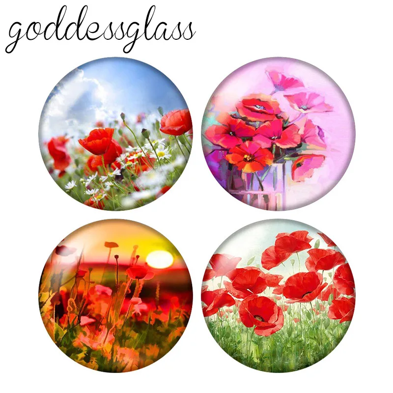 

Beauty Poppy Flowers Papaver rhoeas 10pcs 12mm/18mm/20mm/25mm Round photo glass cabochon demo flat back Making findings ZB0948