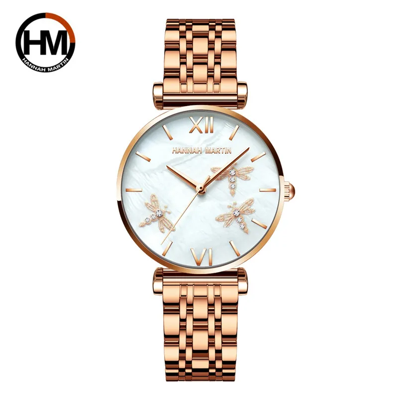 

Hannah Martin Fashion Dragonfly Watch Ladies Luxury Japan Akoya Pearl Shell Diamonds Scallop Wristwatch For Women Drop Shipping