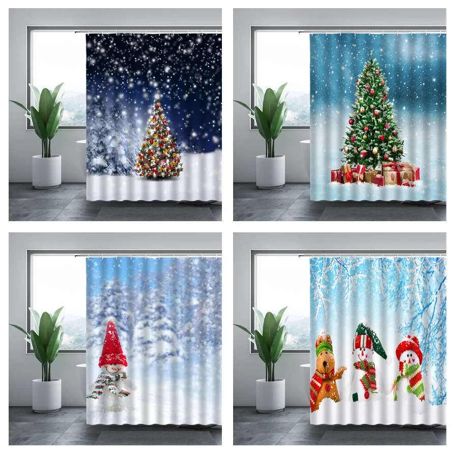 

Christmas Tree Shower Curtains Cute Snowman Snowflak Elk Santa Claus Waterproof Bathroom Bathtub Decor Polyester Cloth Curtain