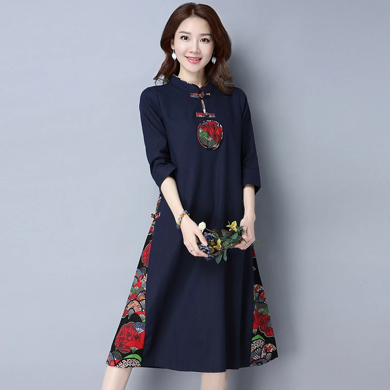 Женское винтажное Хлопковое платье Ципао красное зеленое темно синее длинное в