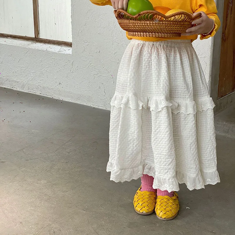 

MILANCEL 2022 Spring New Kids Clothes Lace Girls Skirt Cotton Casual Girls Long Skirt Korean Loose Children Skirt