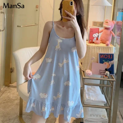 

summer Women Nightgown Sexy Sleepwear Shortless Sleeve Short Nightdress with Chest Pad Girl Flower printing suspender sleepdress