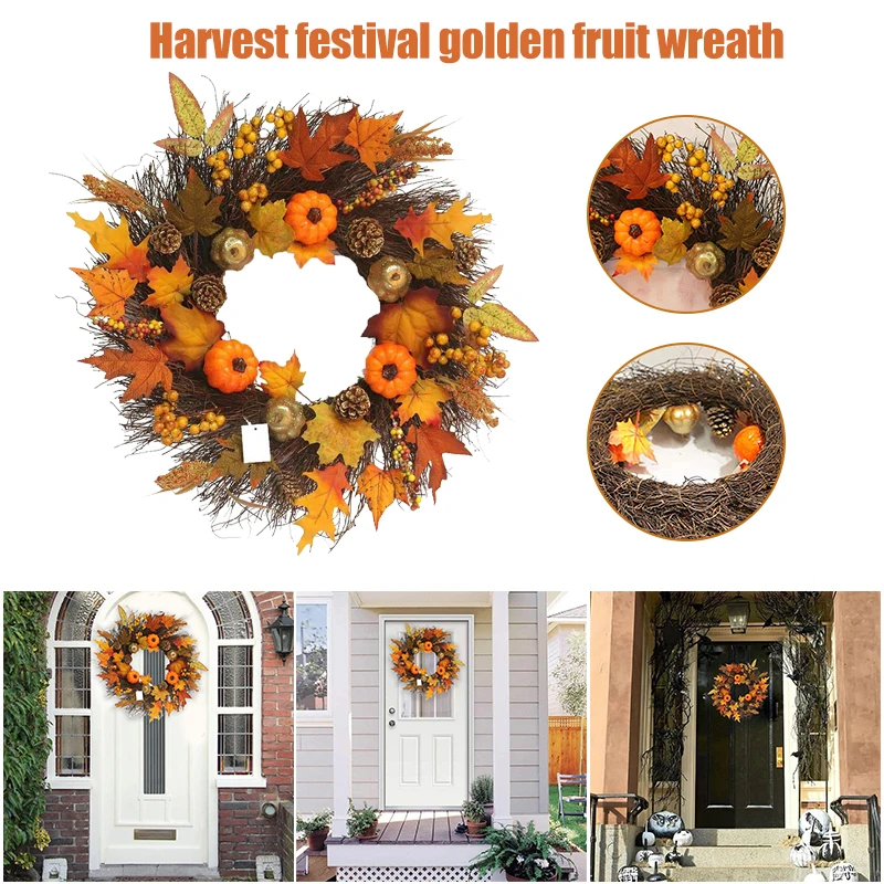 

Artificial Pumpkin Berries Wreath Rustic Rattan Garland Creative Front Door Decoration For Home Garden Farmhouse Navidad