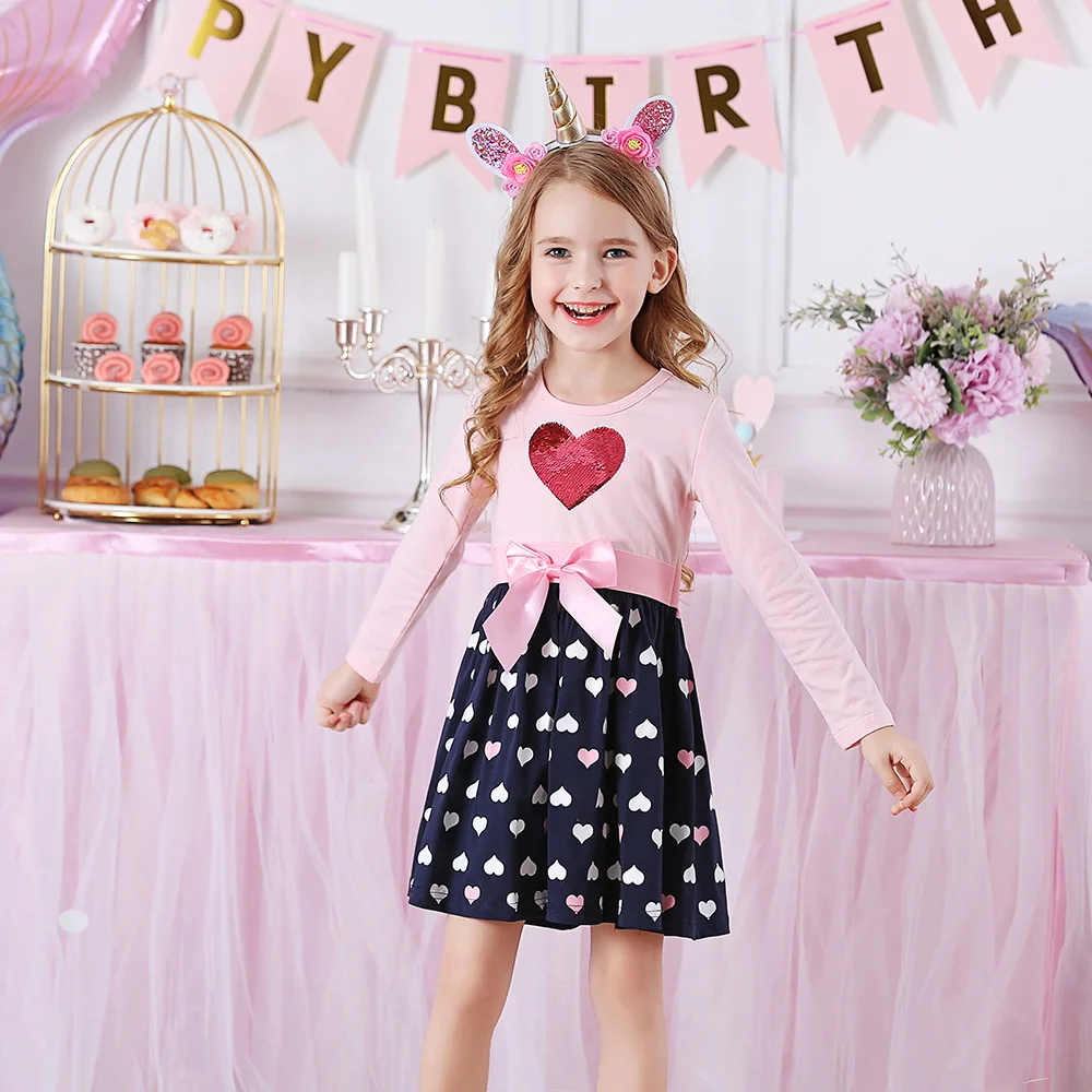 VIKITA Kids Sequined Dress Girls Heart Design Dresses Children Long Sleeve Dress with Bowknot Kids Cotton Casual Vestidos