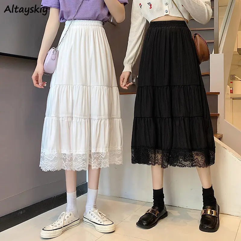 

Skirts Women Summer Elegant All-match Sweet Lace Slim Empire Stylish Simple Students Vintage Daily Breathable A-line Pleated Ins