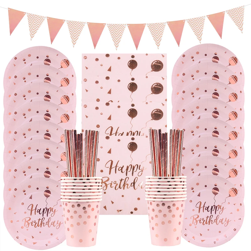 

78pcs Birthday Party Decorations Kids Girl Pink Disposable Tableware Set Rose Gold Dot Plate Cup Happy Birthday Party Supplies
