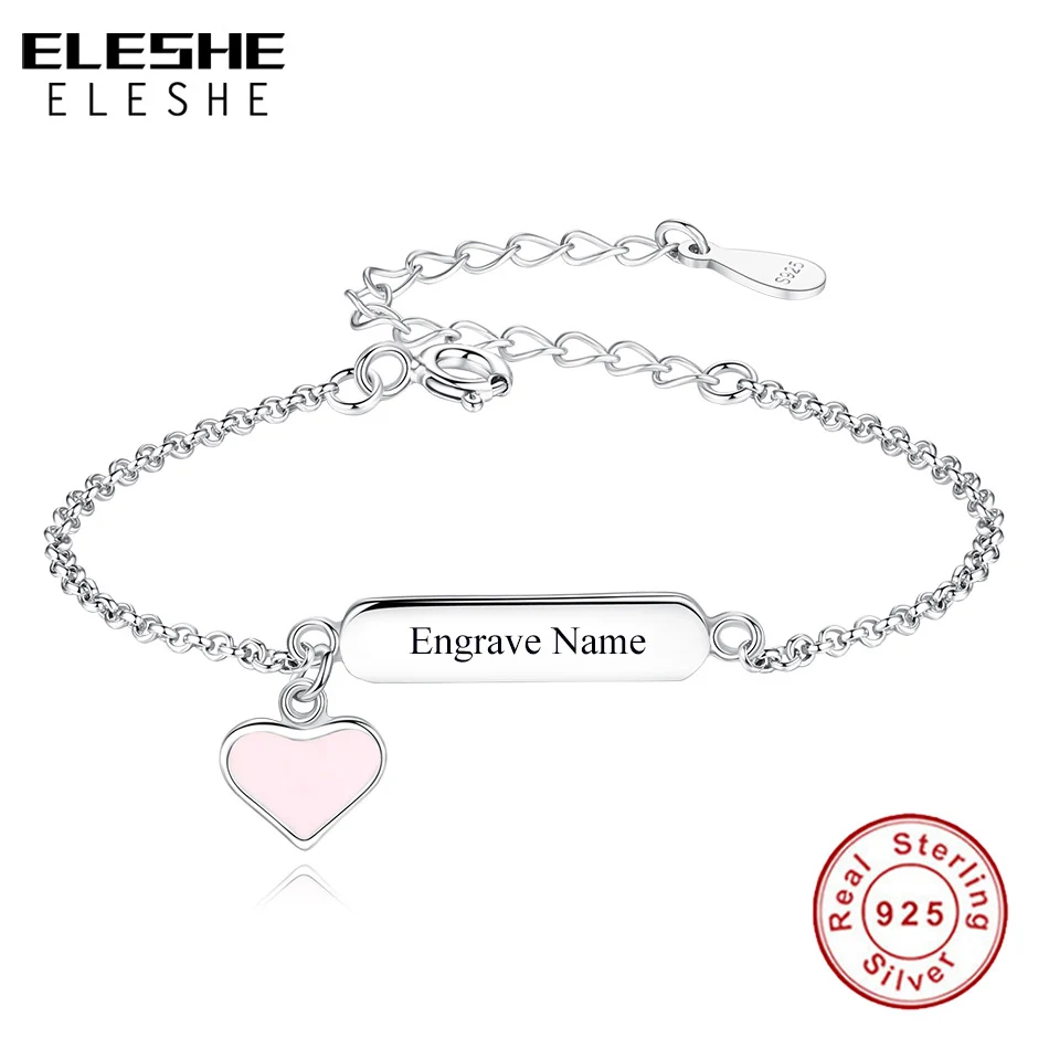 ELESHE Fashion 925 Sterling Silver Pink Heart Charm Bracelet For Girls Kids Custom Name Bracelet Personalized DIY Jewelry