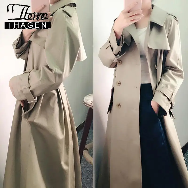 Том Хаген зимний длинный Тренч пальто для женщин Бежевый свободный Epaulet дизайн