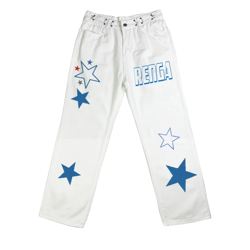 

Новые осенние уличные женские джинсы, модные синие брюки в стиле ретро с пятиконечными звездами, Женские Мешковатые белые прямые джинсовые ...
