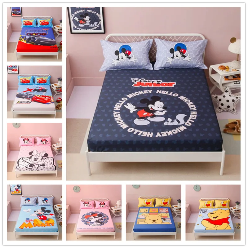 

Cartoon Mickey Mouse McQueen Fitted Sheet Mattress Cover bedding Linens Bed Sheet With Elastic Band Double Queen Size Bedsheet