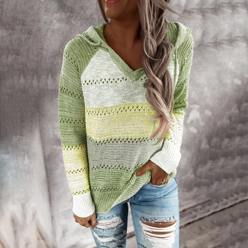 

Women Knitted Hoodies Autumn Striped Hooded Sweatshirt Casual Patchwork V-Neck Long Sleeve Plus Size Female Hoody Pullover Tops