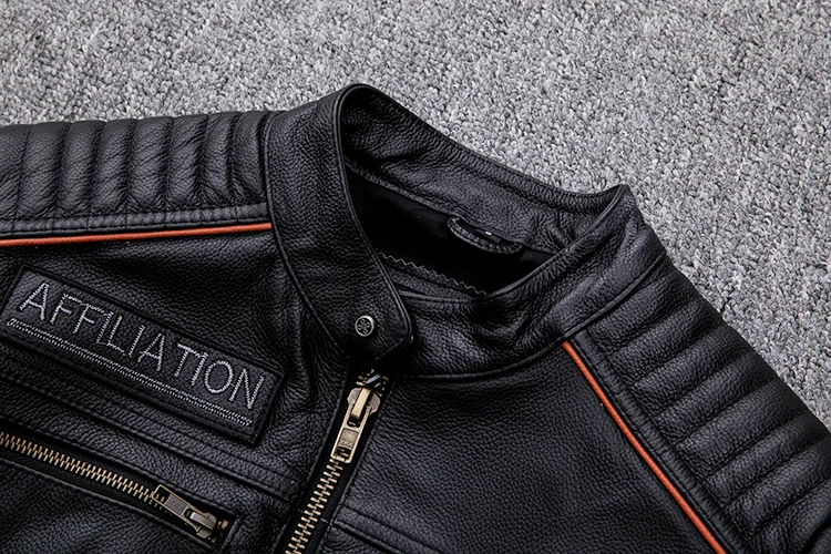 Black Men Skulls Embroidery Motorcycle Leather Jacket Plus Size XXXXL Genuine Cowhide Spring Slim Fit Biker's Leatther Coat