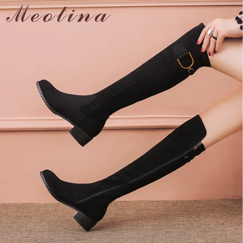 Meotina/Зимние Сапоги выше колена женские сапоги до бедра на молнии с квадратным