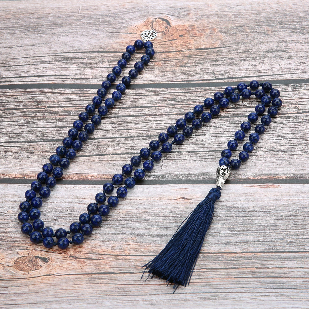 

OAIITE Natural Lapis Lazuli Blue-vein Stone Necklaces 108 Mala Rosary Beads Knotted Tassel Necklace Buddhis Pendant Yoga Jewelry