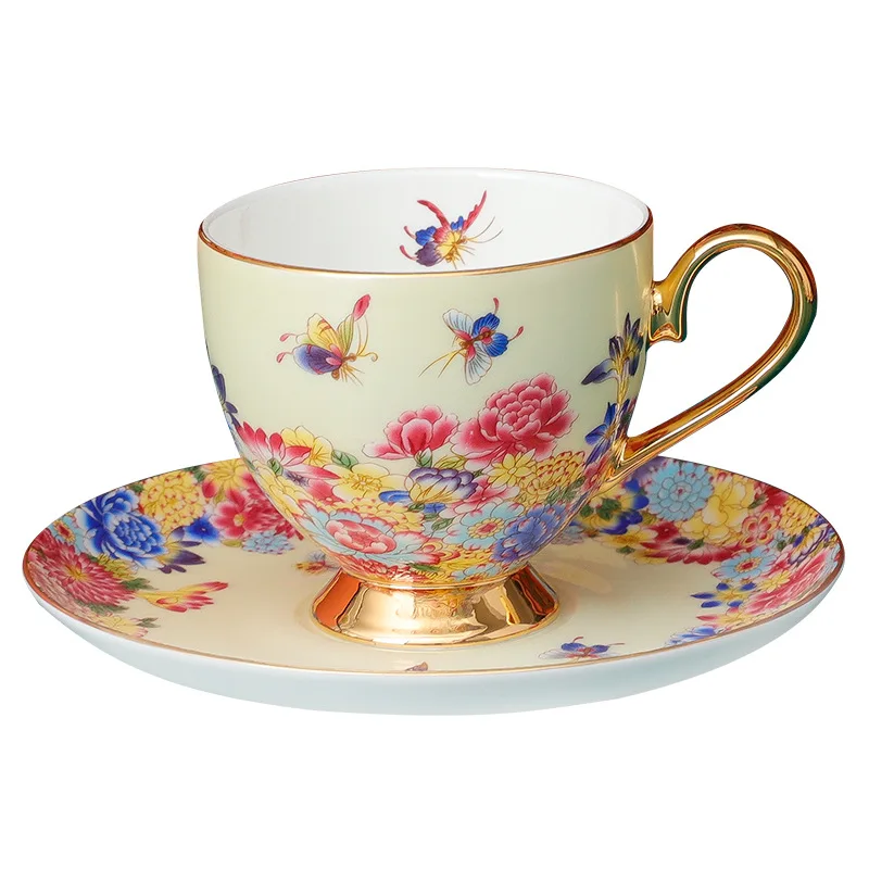

High Quality Bone China Coffee Cups and Saucers Flower Butterfly Decorations Luxury Porcelain Tea Cup & Plate Kitchen Home Decor