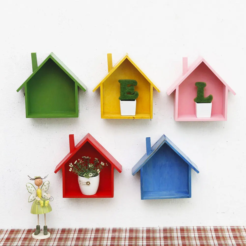 Настенная полка деревянный дом Форма подвесной стеллаж для хранения корзина