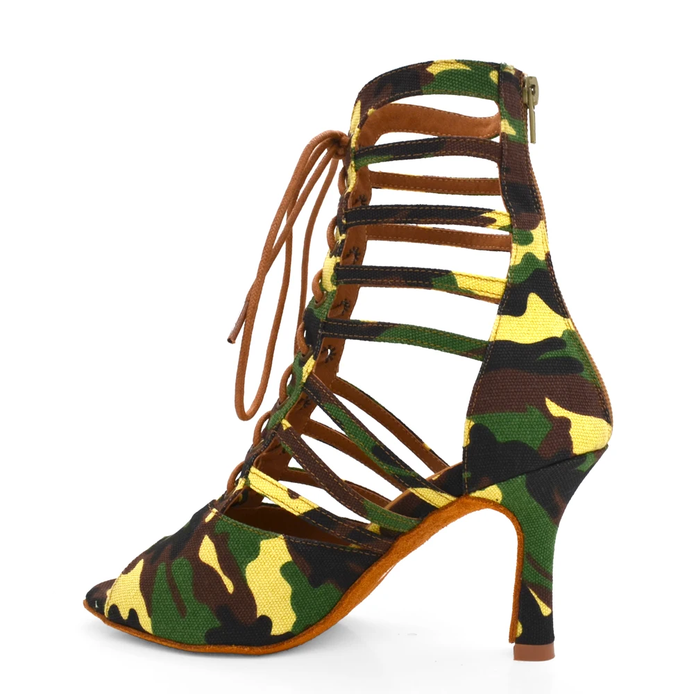 

Camouflage Green Boots Salsa Ballroom For Women Canvas Latin Dance Shoes Zapatos De Baile Comfortable 8.3cm Heel